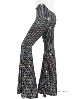 Sequin Flare Pant High Waisted Bell Bottom Glitter Trousers Night Out Clubwear